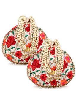 Anekaant - Dangle Cream & Multi-Color Floral Embroidered Faux Silk Potlis Combo (Pack Of 2)