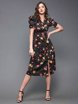 Miss Chase - Womens Multicolor V-Neck Pleated Floral Wrap Midi Polyester Dress