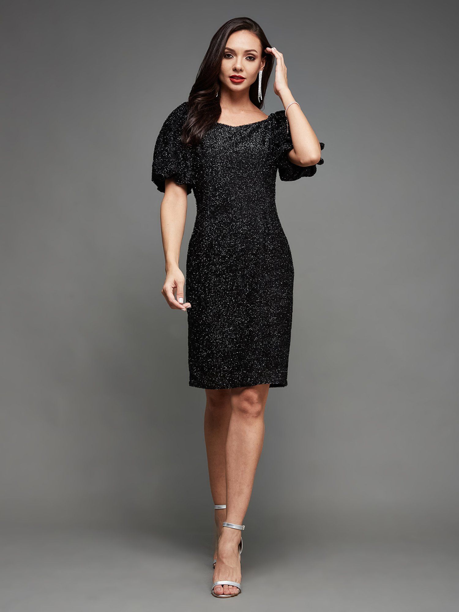 miss chase Women's Black Square Neck Half Sleeve Bodycon Mini Party Dress-picture-13
