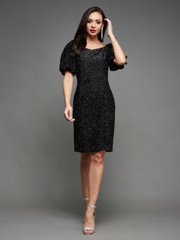 Miss Chase - Women's Black Square Neck Half Sleeve Bodycon Mini Party Dress