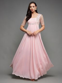 Miss Chase - Women's Dusty Pink Square Neck Half Sleeves Embellished Maxi Party Dress