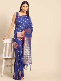 Akhilam - Womens Silk Blend Navy Blue Woven Design Celebrity Saree with Unstitched Blouse
