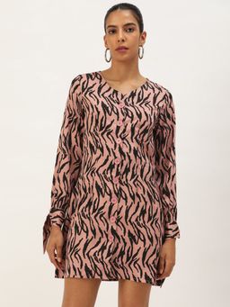 ANVI Be Yourself - Womens Peach and Black Animal Long Sleeve Crepe Dress