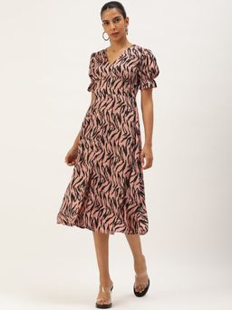 ANVI Be Yourself - Womens Animal Print Short Puff Sleeve Crepe Dress