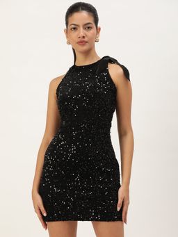 ANVI Be Yourself - Black Sequence Sleeveless Velvet Party Wear Dress