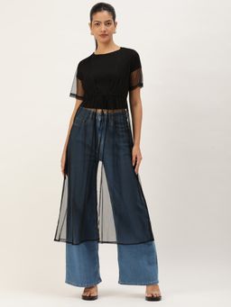 ANVI Be Yourself - Womens Solid Black Short Sleeve Open Front Polynet Shrug