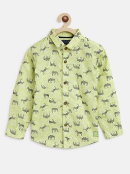 Tales & Stories - Boys Green Neon Cotton Printed Regular Fit Shirt