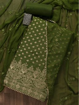 Koskii - Mehendi Green Zariwork Art Silk Unstitched Salwar Suit (Set of Three)