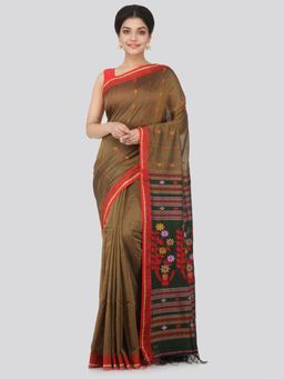 PinkLoom - Women's Cotton Saree With Unstitched Blouse Piece,Brown