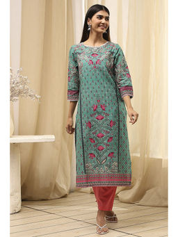 Biba - Women Teal Cotton Boat Neck Kurta