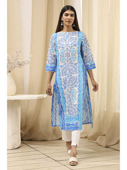 Biba - Women Blue Cotton Boat Neck Kurta