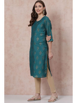 Rangriti - Women Turquoise Polyester Round Neck Kurta