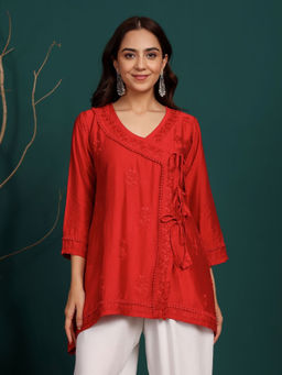 Chowkhat - Women Red Chanderi V-Neck Kurti