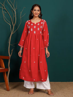 Chowkhat - Women Red Viscose Rayon Round Neck Kurta