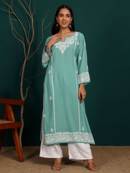 Chowkhat - Women Green Viscose Rayon Round Neck Kurta