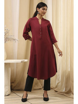 Biba - Women Maroon Cotton Blend Mandarin Neck Kurta