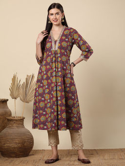 FASHOR - Women Brown Cotton V-Neck Kurta