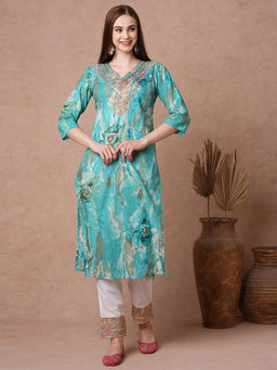 FASHOR - Women Turquoise Cotton V-Neck Kurta