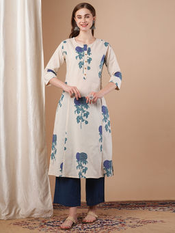 FASHOR - Women Blue Cotton Round Neck Kurta