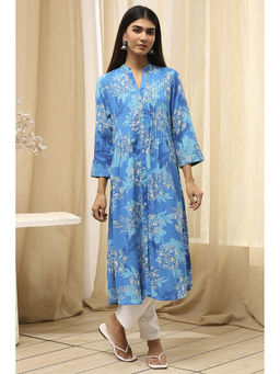 Biba - Women Blue Viscose Rayon Mandarin Neck Kurta