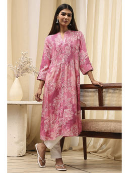 Biba - Women Pink Viscose Rayon Mandarin Neck Kurta