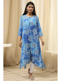 Biba - Women Blue Viscose Rayon Round Neck Kurta