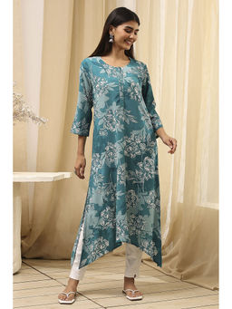 Biba - Women Teal Viscose Rayon Round Neck Kurta