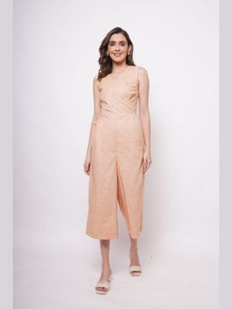 Western Era - Sleeveless Orange Linen Overlap Jumpsuit