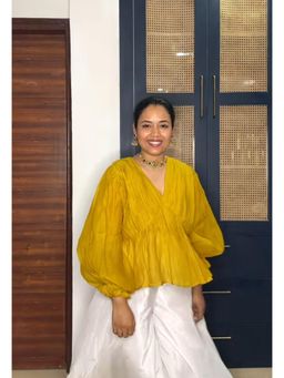 Babhru - Haldi Hue Chanderi V-Neck Top