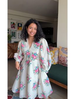 Babhru - White Indie Bloom Printed Bohemian Dress