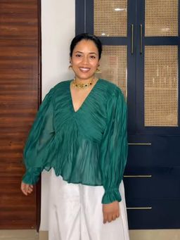 Babhru - Green Chanderi Loose Fit V-Neck Top