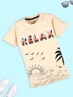 KiddoPanti - Boys Beige Cotton Half Sleeves Printed Round Neck T-Shirt