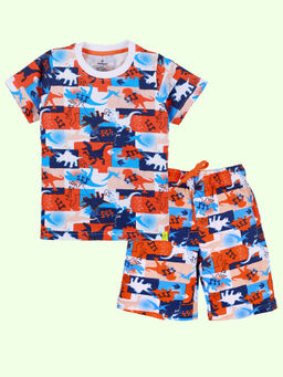 KiddoPanti - Boys Orange Green Cotton Printed T-Shirt with Knit Basic Shorts (Set of 2)