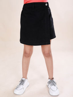 KiddoPanti - Girls Black Cotton Above Knee Length Solid Over Lap Skort