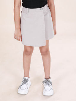 KiddoPanti - Girls Grey Cotton Above Knee Length Solid Over Lap Skort