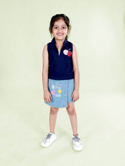 KiddoPanti - Girls Multi-Color Sleeveless Polo T-Shirt with Overlap Skorts (Set of 2)