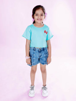 KiddoPanti - Girls Red Bow Rib T-Shirt with Cut Sew Cargo Pocket Denim Shorts (Set of 2)