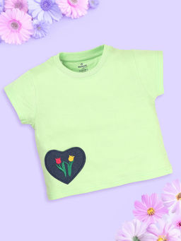 KiddoPanti - Girls Green Cotton Half Sleeves T-Shirt with Heart Applique