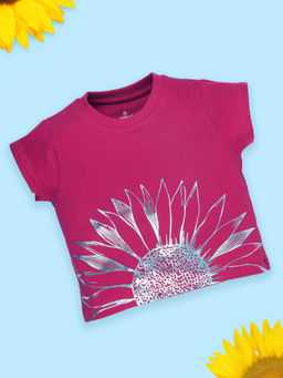 KiddoPanti - Girls Pink Cotton Half Sleeves Printed Round Neck T-Shirt
