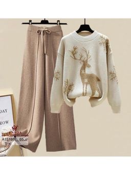 Loveable Creations By Muskan - Deer Warm Knitted Cotton Beige Co-Ord Set
