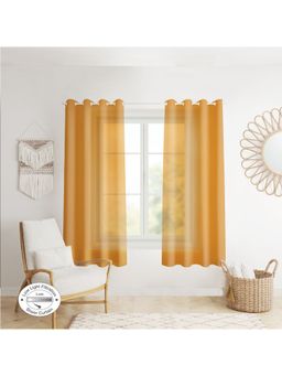 HomeTown - Fiesta Set of 2 Solid Textured Sheer Window Curtains 5 Feet in Mustard Colour