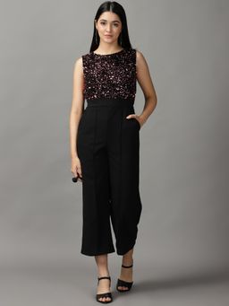 SHOWOFF - Womens Round Neck Sleeveless Black Solid Jumpsuit