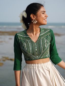 Okhai - Lush Canopy Hand-Embroidery & Mirrorwork Pure Cotton Stitched Blouse