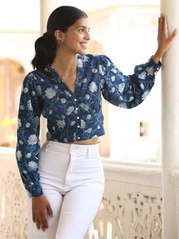 Okhai - Velvet Blue Handblock Printed Pure Cotton Top
