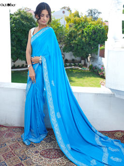 October - Deep Sky Real Silver Organic Crepe Saree with Unstitched Blouse