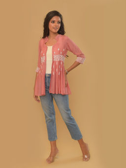 UNDYED - Peach Cotton Silk Pleated Chikankari Shrug