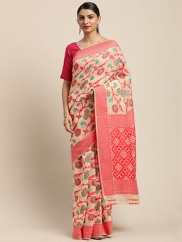 Vastranand - Cream-Coloured & Red Woven Design Jamdani Saree with Unstitched Blouse