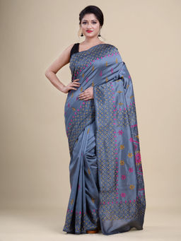 LAA CALCUTTA - Grey & Multi Silk Blend Kantha Saree with Unstitched Blouse