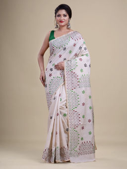 LAA CALCUTTA - Off White & Maroon Silk Blend Kantha Saree with Unstitched Blouse