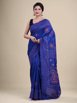 LAA CALCUTTA - Blue & Multi Silk Blend Kantha Saree with Unstitched Blouse